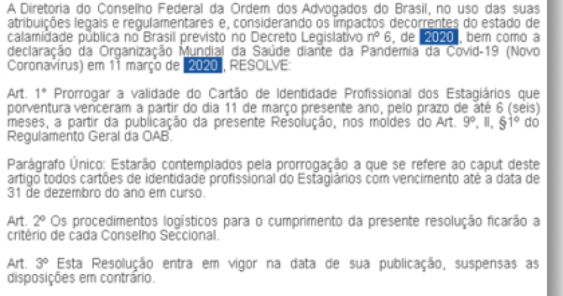 Carteiras da OAB de estagiários vencidas a partir de março serão prorrogadas automaticamente