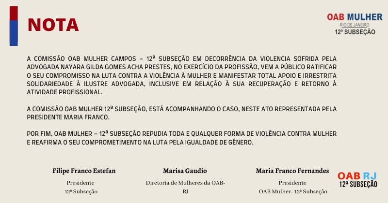 Nota da Comissão da OAB-Mulher da 12ª Subseção