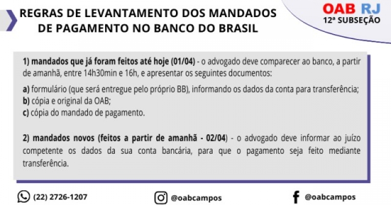 INFORME: Levantamento dos Mandados de Pagamento no Banco do Brasil