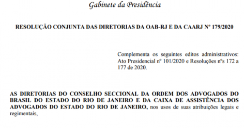Resolução Conjunta das Diretorias da OAB-RJ e da CAARJ nº 179/2020