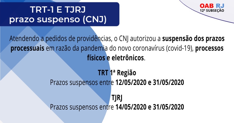 TRT1 e TJRJ suspendem prazos até o dia 31; medidas atendem a pedidos do Gabinete de crise da OABRJ