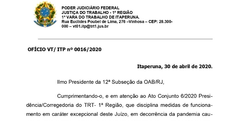 Juíza da Justiça do Trabalho oficia presidente da OAB Campos