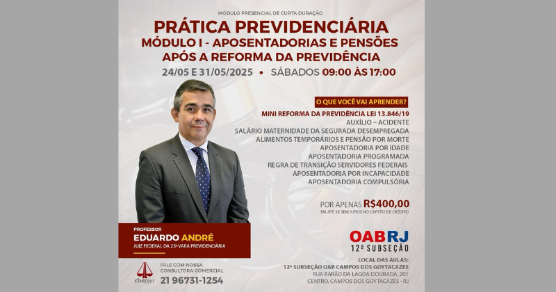 INSCRIÇÕES ABERTAS PARA CURSO DE PRÁTICA PREVIDENCIÁRIA