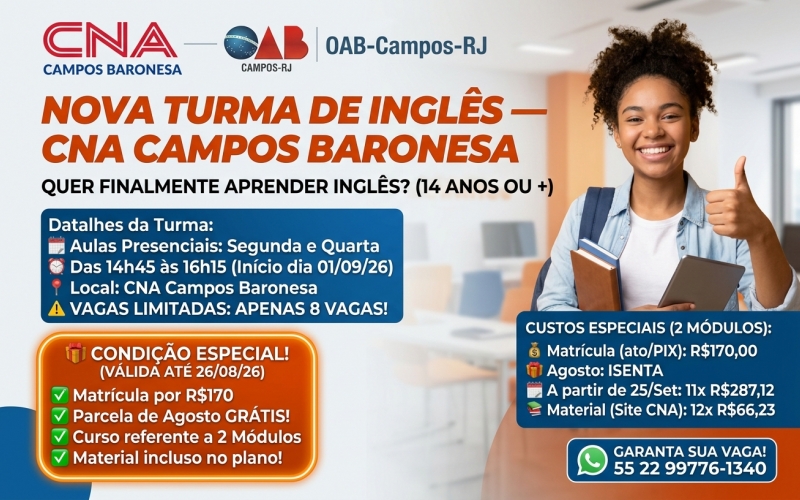 🚀 Oportunidade Exclusiva: Nova Turma de Inglês no CNA Baronesa em Parceria com a OAB-Campos-RJ!